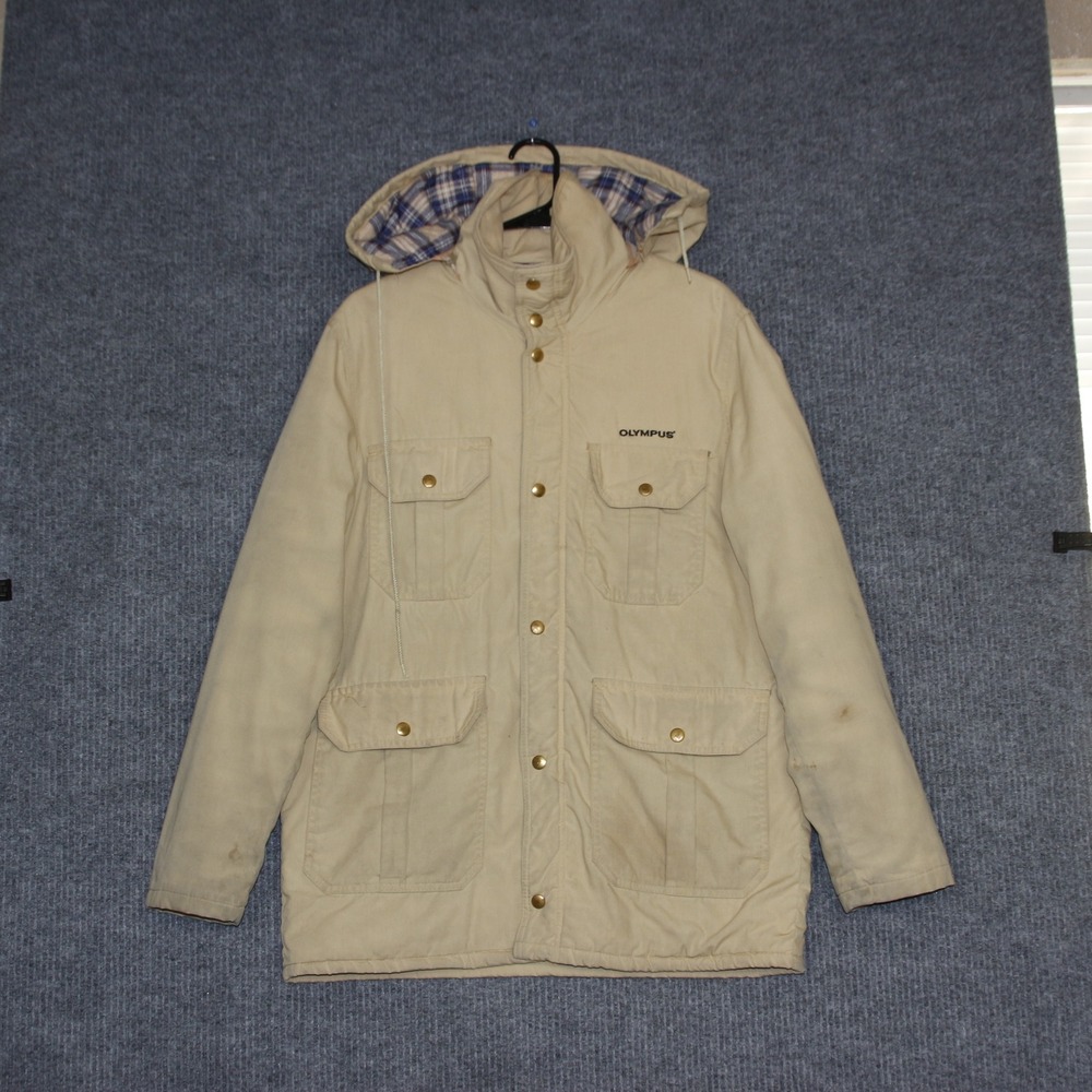Vintage Wiman Olympus Jacket Mens M Tan Plaid Lined Hooded Parka Coat USA Work